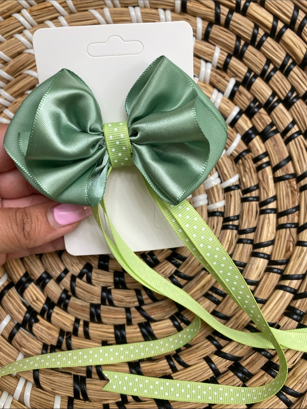 Mint green and Lime Green Polka dot Hair Bow - Picture 3 of 4